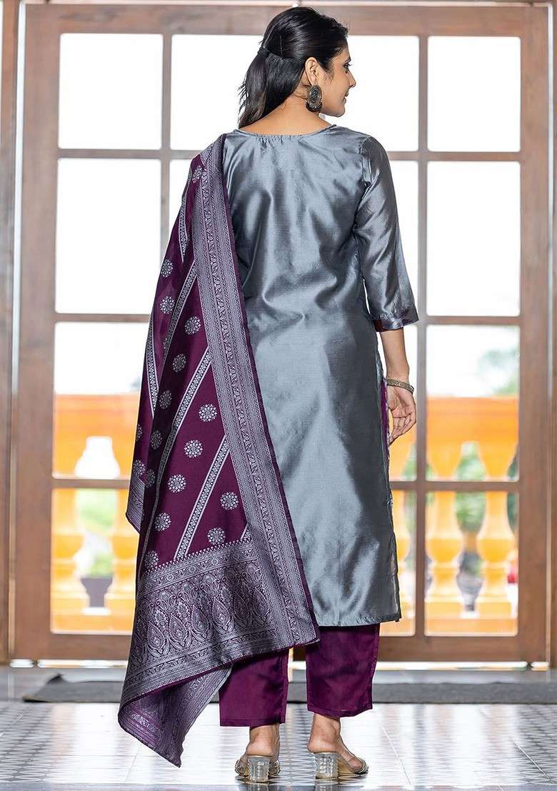 Lavender Embroidered Poly Blended Kurta Sets - Indya
