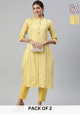 Yellow Embroidered Poly Blended Kurta Sets