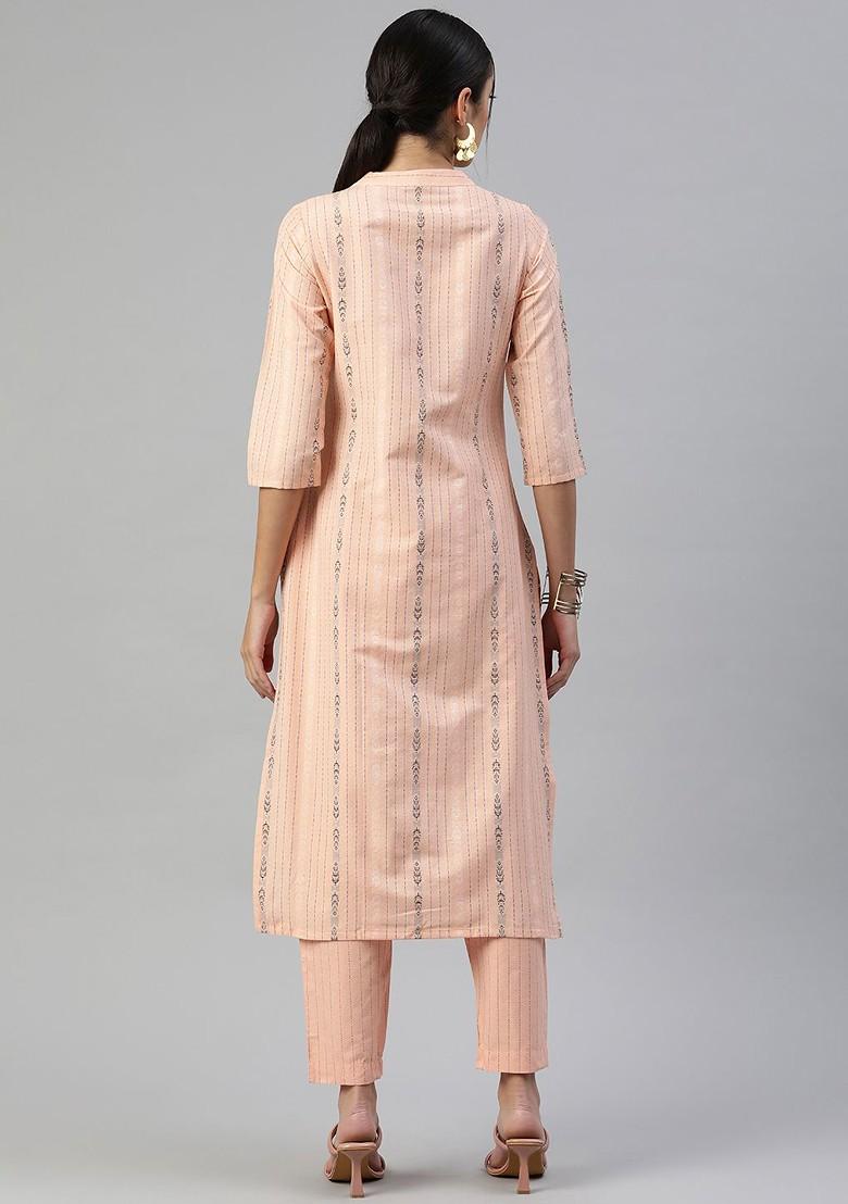 Peach Embroidered Poly Blended Kurta Sets - Indya