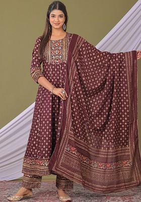 Maroon Embroidered Poly Blended Kurta Sets