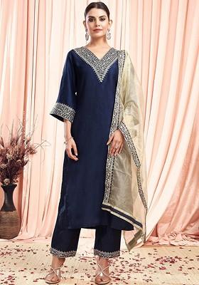Blue Embroidered Poly Blended Kurta Sets