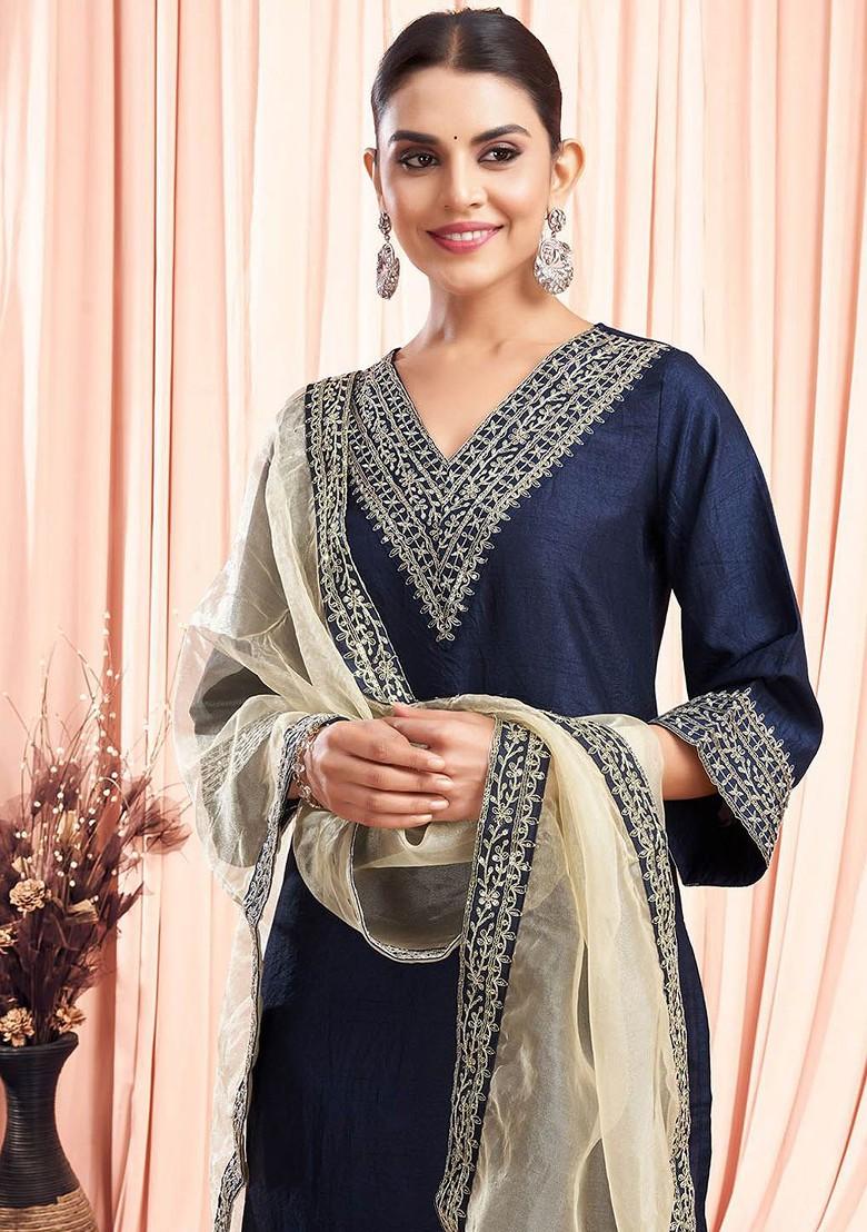 Blue Embroidered Poly Blended Kurta Sets - Indya