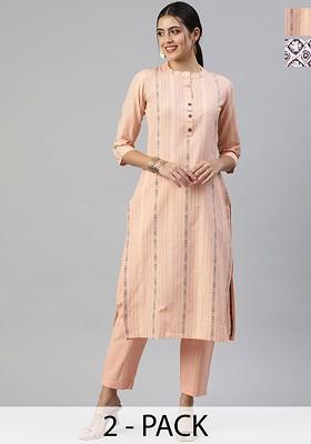 Peach Embroidered Poly Blended Kurta Sets