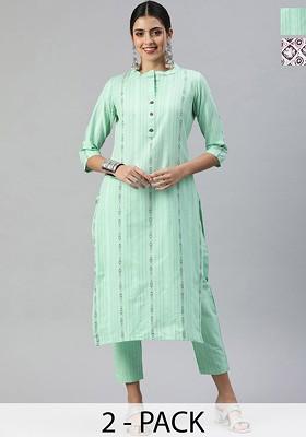 Green Embroidered Poly Blended Kurta Sets
