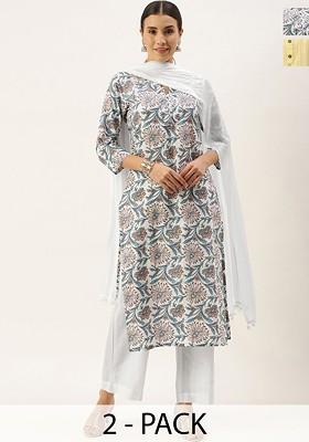 White Embroidered Poly Blended Kurta Sets