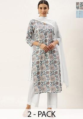 White Embroidered Poly Blended Kurta Sets