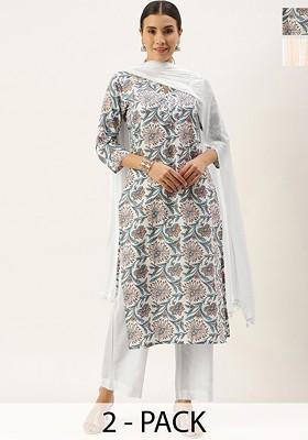 Grey Embroidered Poly Blended Kurta Sets