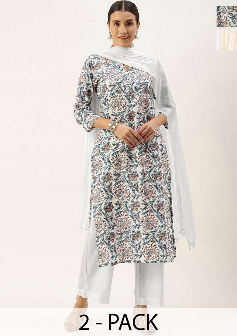 Grey Embroidered Poly Blended Kurta Sets - Indya