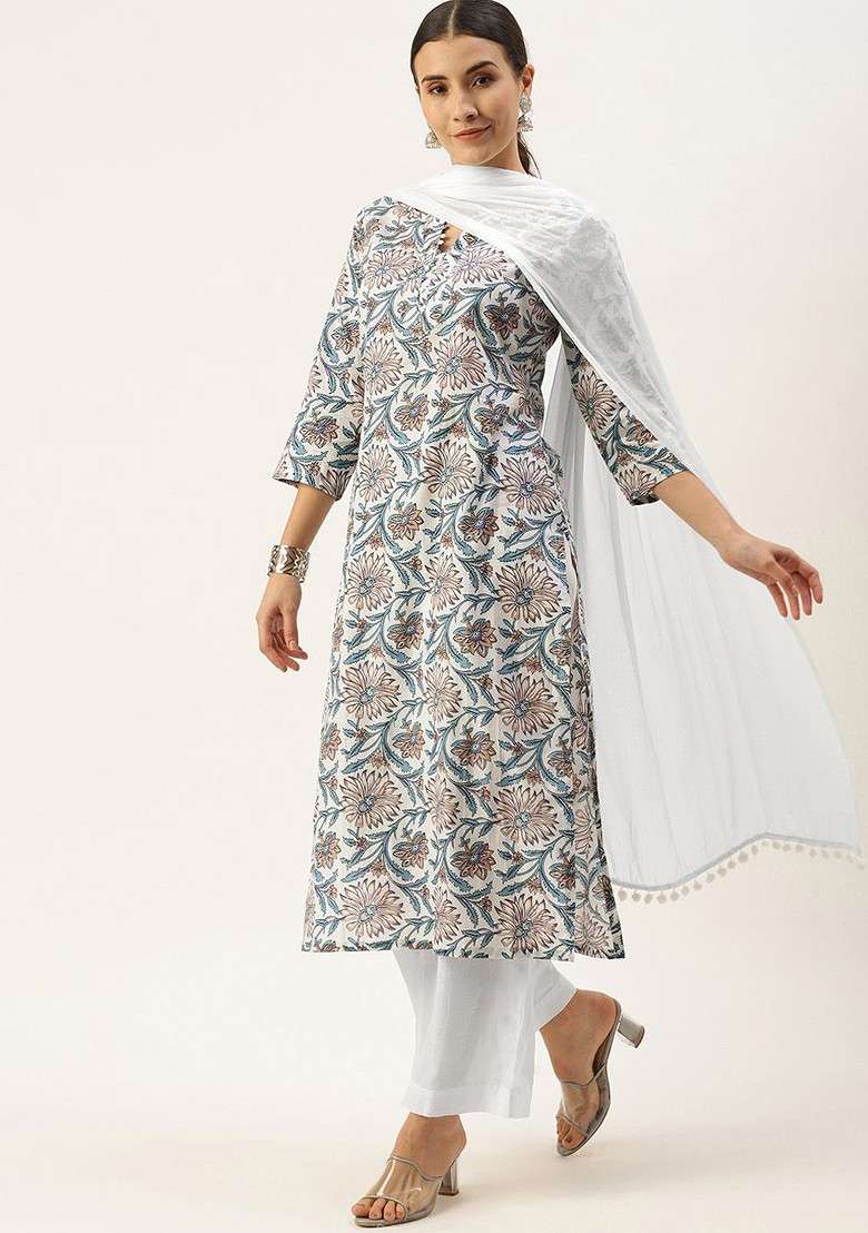 Grey Embroidered Poly Blended Kurta Sets - Indya