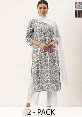Off White Embroidered Poly Blended Kurta Sets