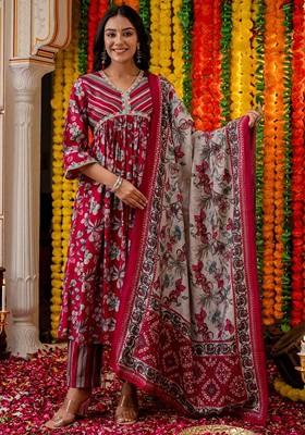 Maroon Embroidered Poly Blended Kurta Sets