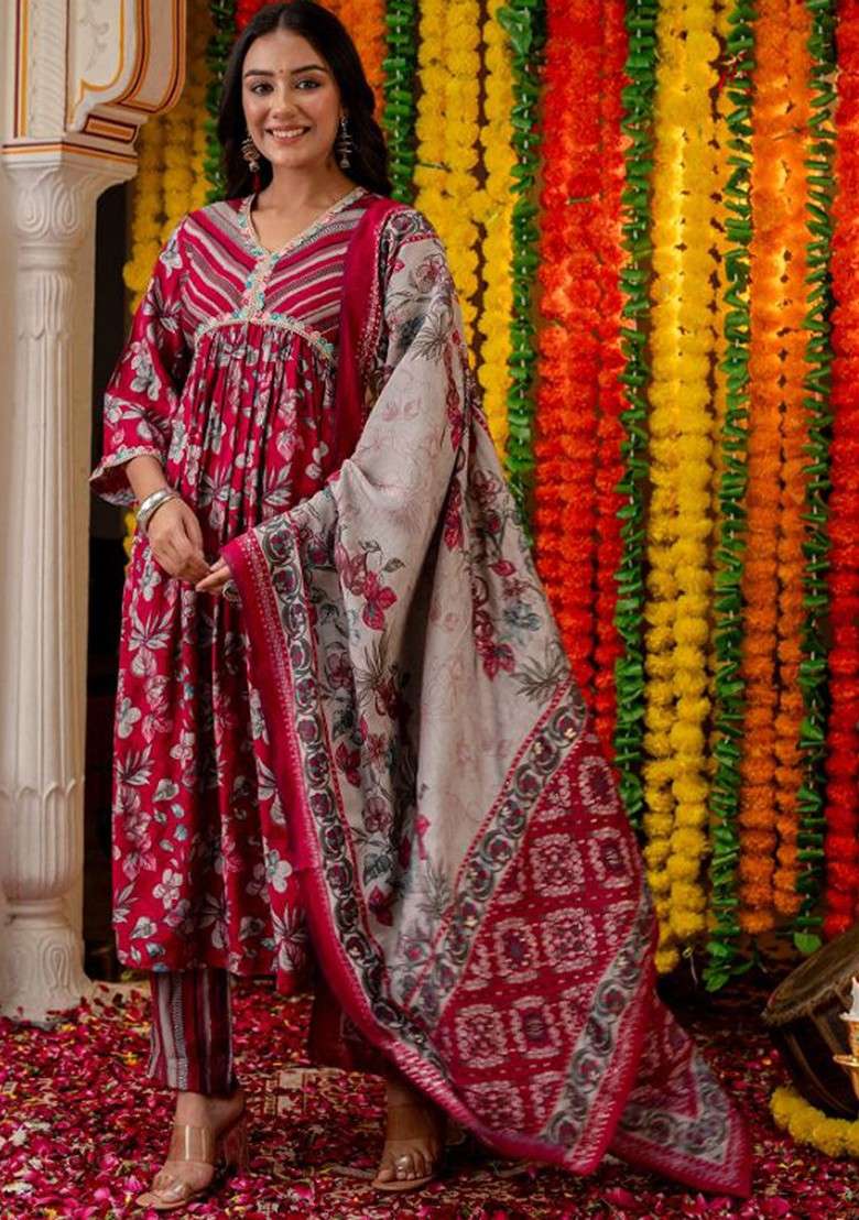 Maroon Embroidered Poly Blended Kurta Sets - Indya