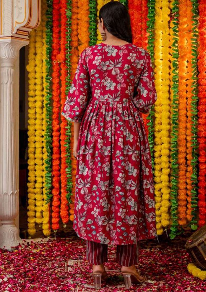 Maroon Embroidered Poly Blended Kurta Sets - Indya