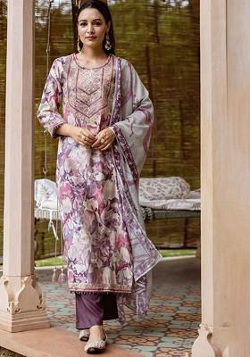 Purple Embroidered Poly Blended Kurta Sets