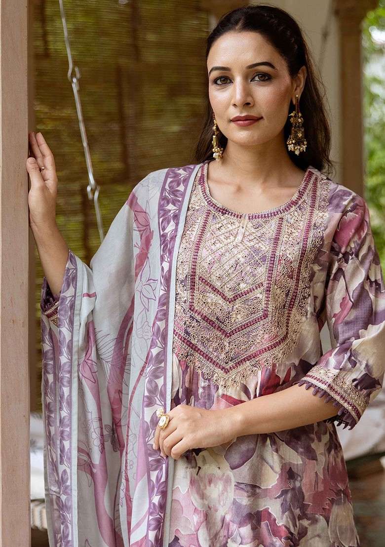 Purple Embroidered Poly Blended Kurta Sets - Indya