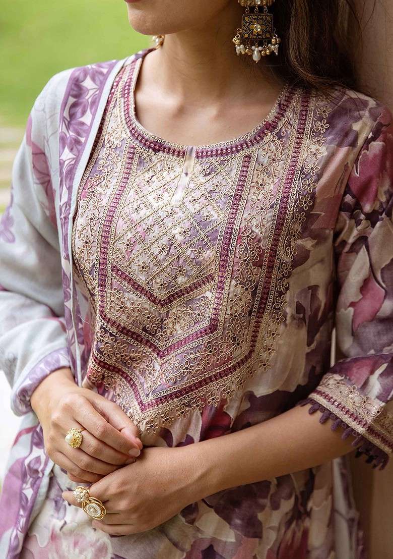 Purple Embroidered Poly Blended Kurta Sets - Indya