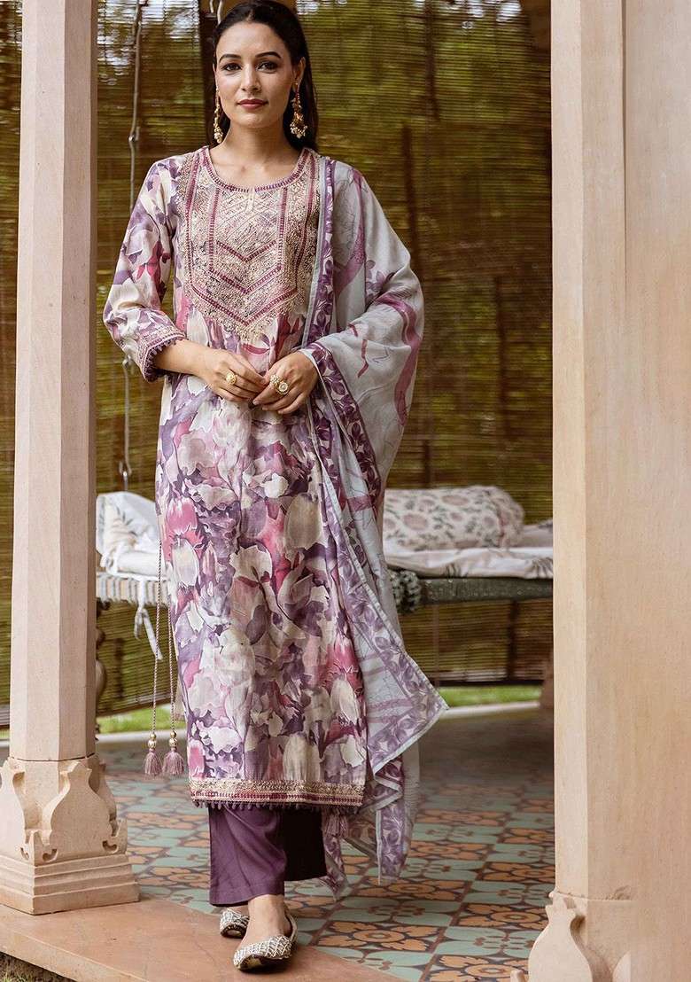 Purple Embroidered Poly Blended Kurta Sets - Indya