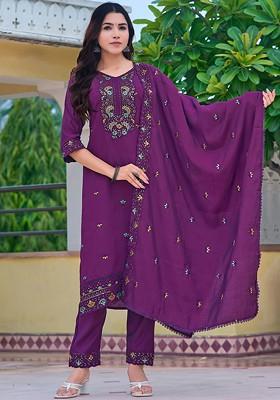 Purple Embroidered Poly Blended Kurta Sets