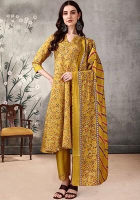 Yellow Embroidered Poly Blended Kurta Sets