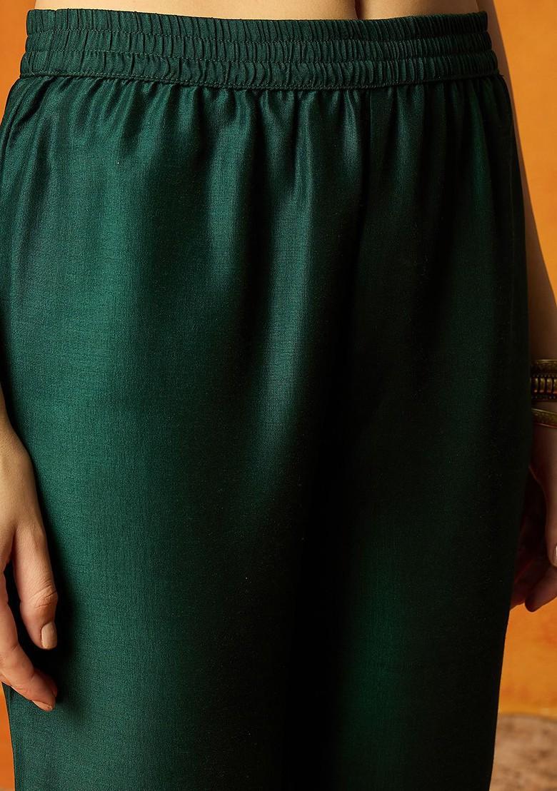 Green Embroidered Poly Blended Kurta Sets - Indya