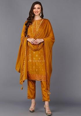 Mustard Embroidered Poly Blended Kurta Sets