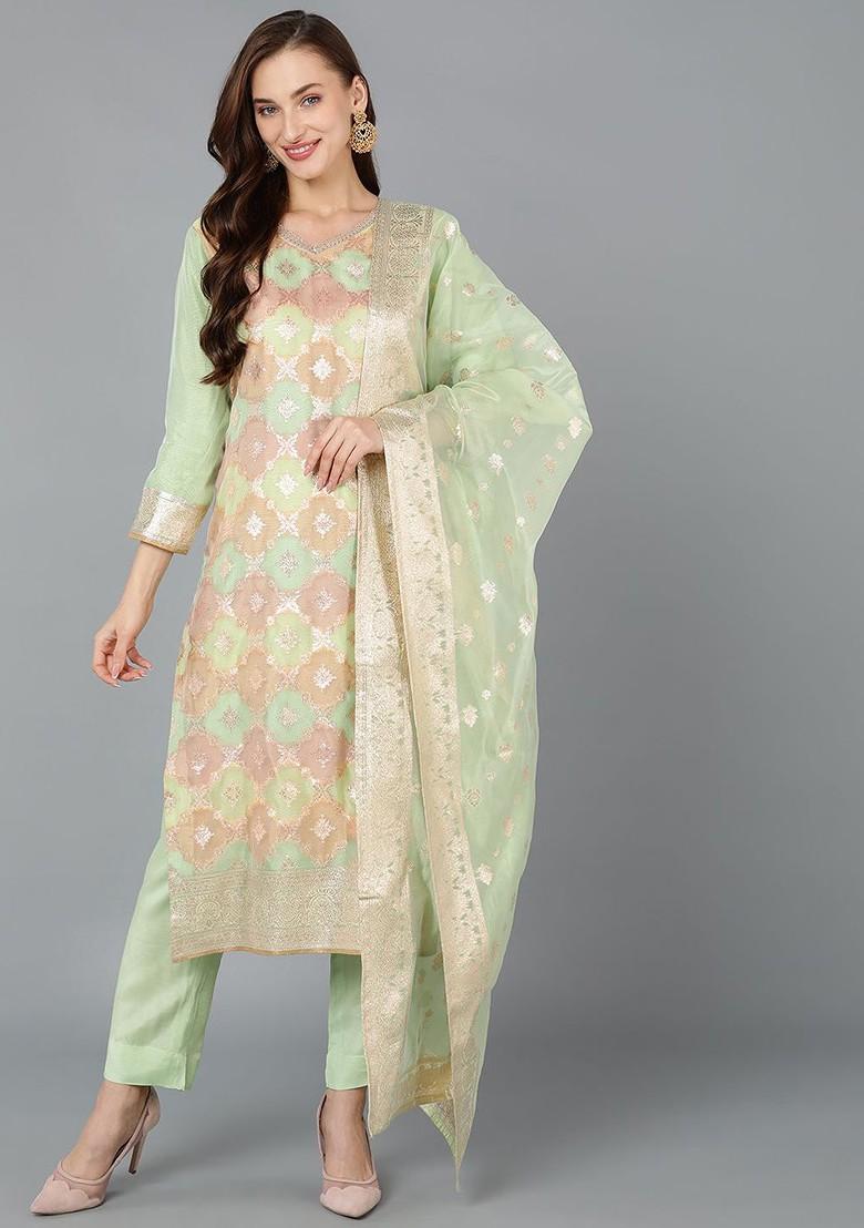 Lime Green Embroidered Poly Blended Kurta Sets - Indya