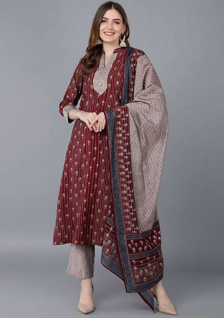 Burgundy Embroidered Poly Blended Kurta Sets - Indya