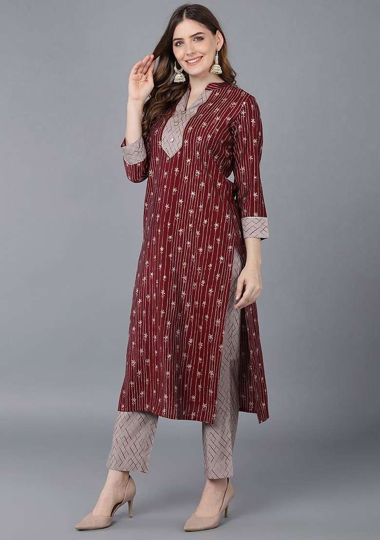 Burgundy Embroidered Poly Blended Kurta Sets - Indya