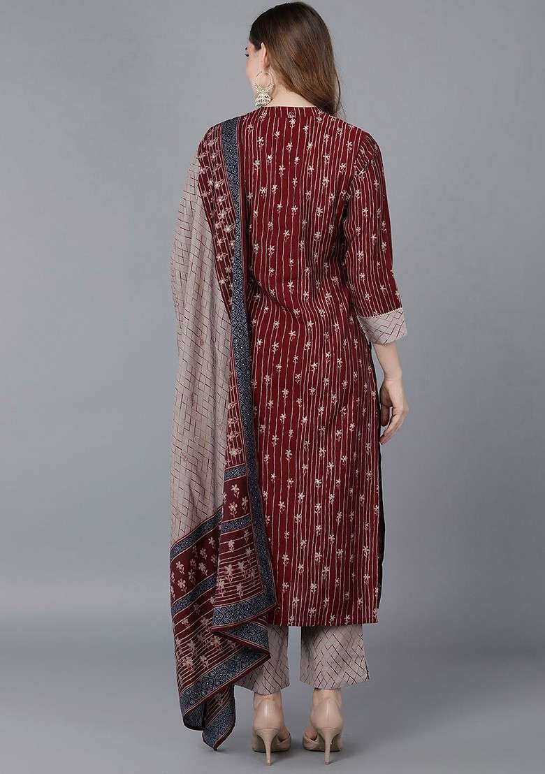 Burgundy Embroidered Poly Blended Kurta Sets - Indya