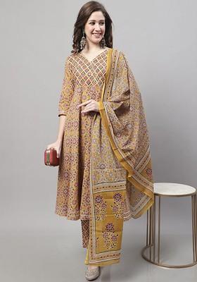 Mustard Embroidered Poly Blended Kurta Sets