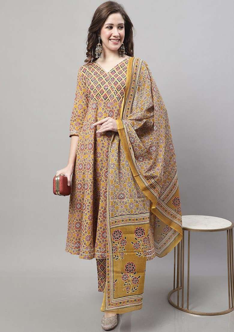 Mustard Embroidered Poly Blended Kurta Sets - Indya