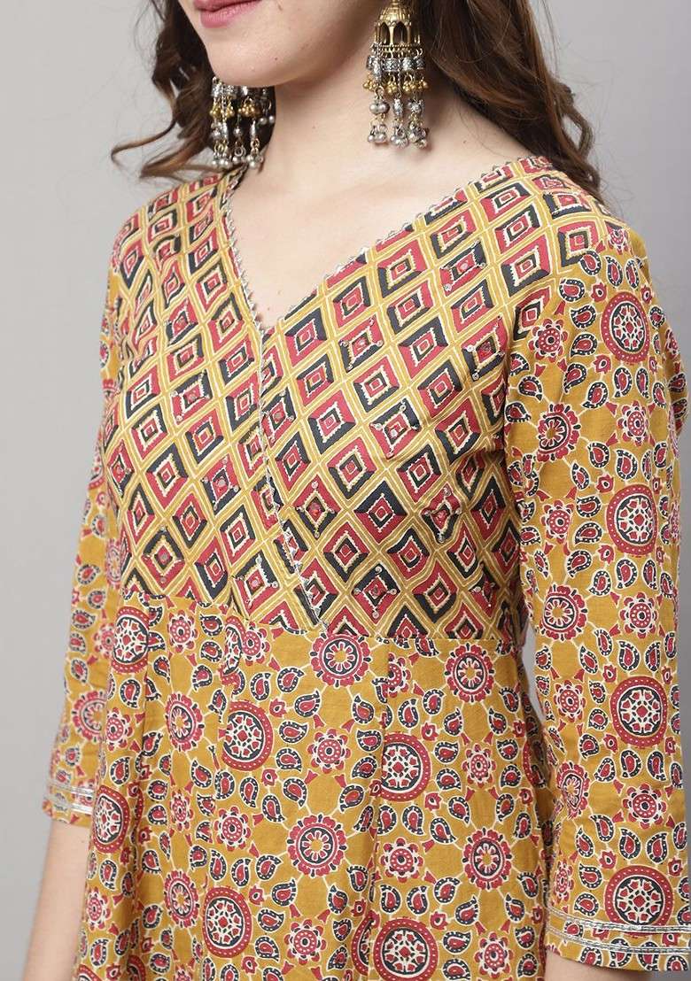 Mustard Embroidered Poly Blended Kurta Sets - Indya