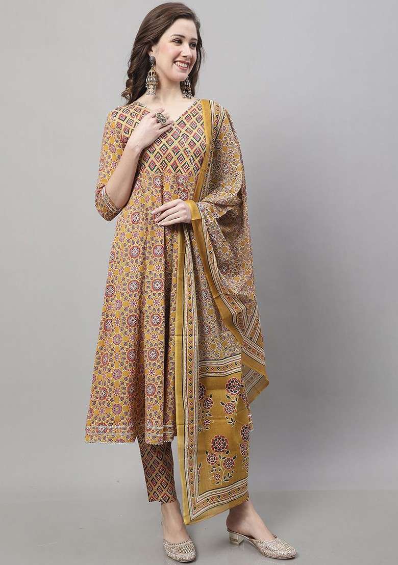 Mustard Embroidered Poly Blended Kurta Sets - Indya