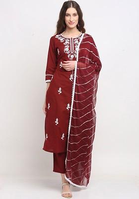 Maroon Embroidered Poly Blended Kurta Sets