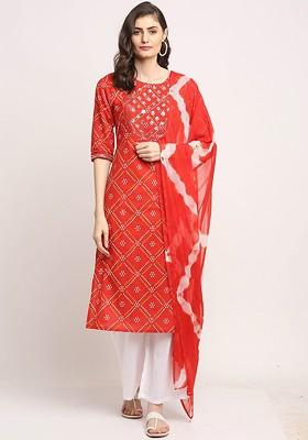 Red Embroidered Poly Blended Kurta Sets