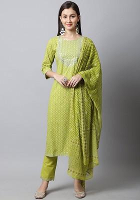 Green Embroidered Poly Blended Kurta Sets