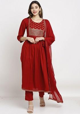 Maroon Embroidered Poly Blended Kurta Sets