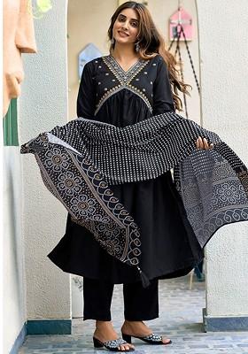 Black Embroidered Poly Blended Kurta Sets