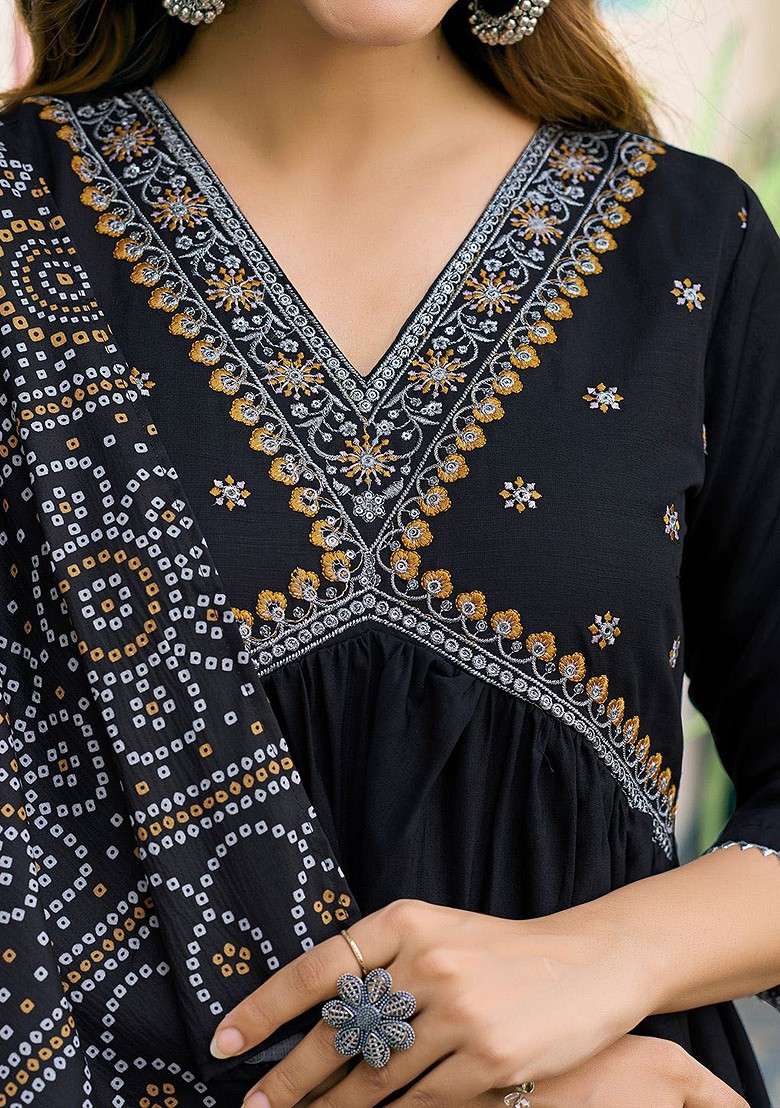 Black Embroidered Poly Blended Kurta Sets - Indya