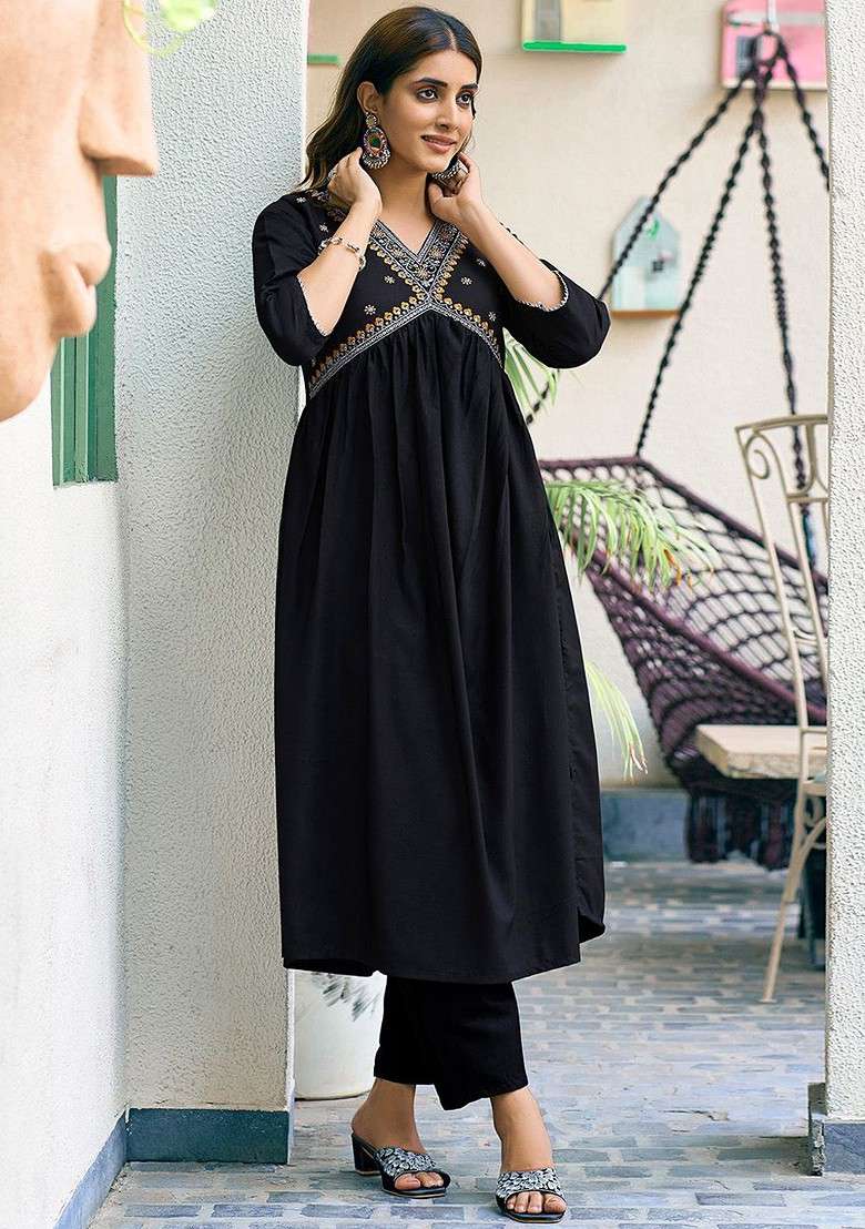 Black Embroidered Poly Blended Kurta Sets - Indya