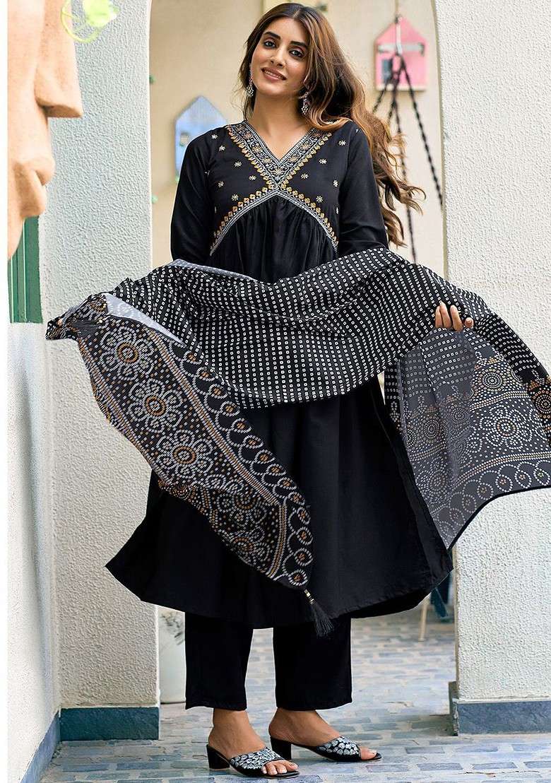 Black Embroidered Poly Blended Kurta Sets - Indya