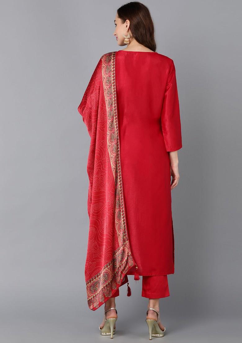 Maroon Embroidered Poly Blended Kurta Sets - Indya