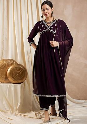 Burgundy Embroidered Poly Blended Kurta Sets