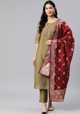 Olive Embroidered Poly Blended Kurta Sets