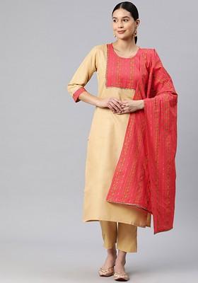 Beige Embroidered Poly Blended Kurta Sets