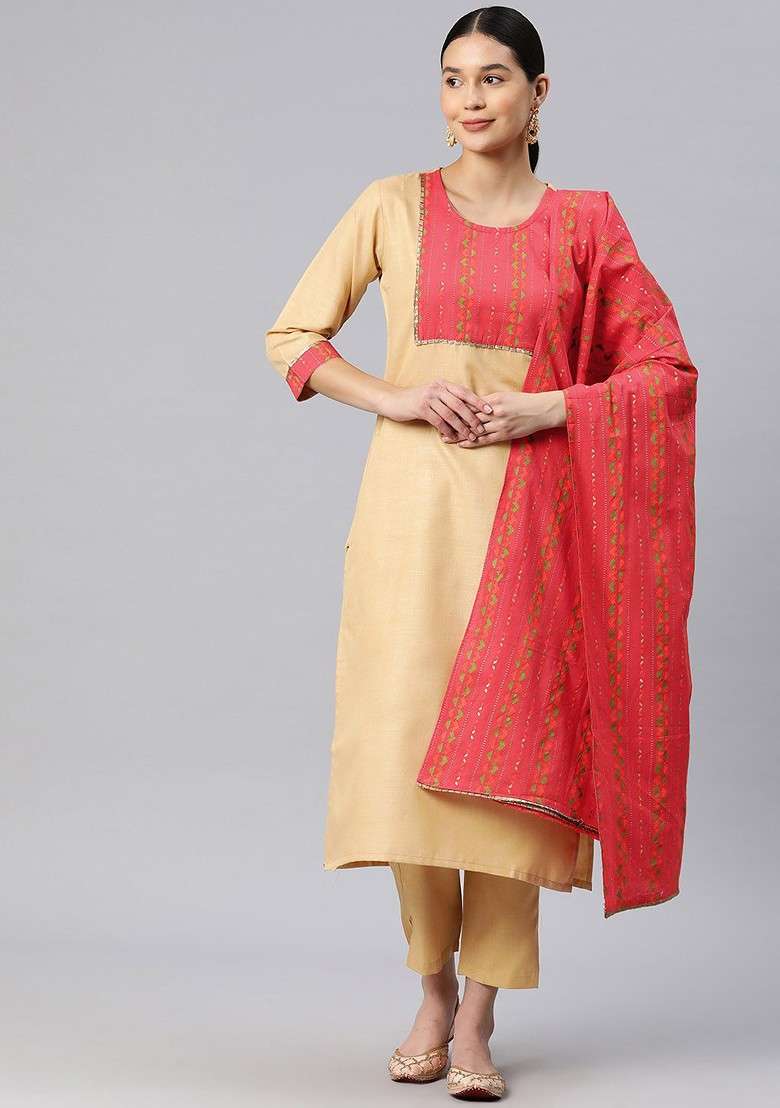 Beige Embroidered Poly Blended Kurta Sets - Indya