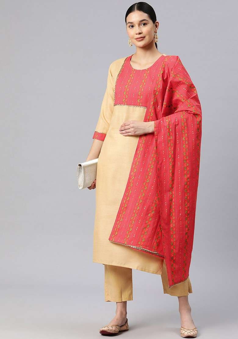 Beige Embroidered Poly Blended Kurta Sets - Indya