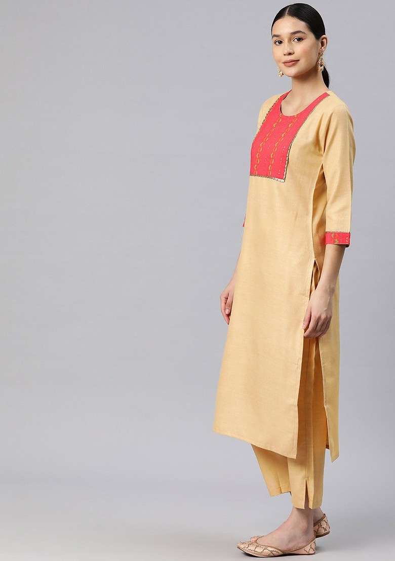 Beige Embroidered Poly Blended Kurta Sets - Indya