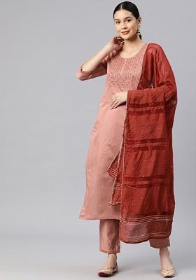 Peach Embroidered Poly Blended Kurta Sets