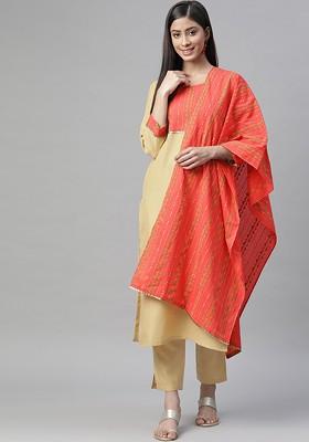 Beige Embroidered Poly Blended Kurta Sets